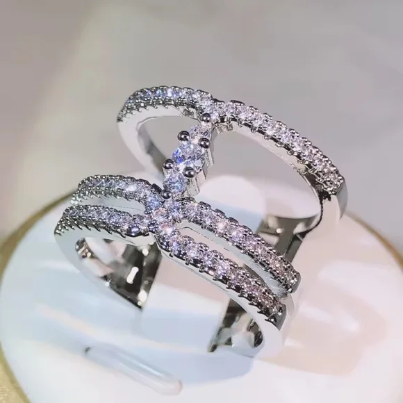 Silver Crystal Triple-Row Openwork Ring - Picture 2 of 7